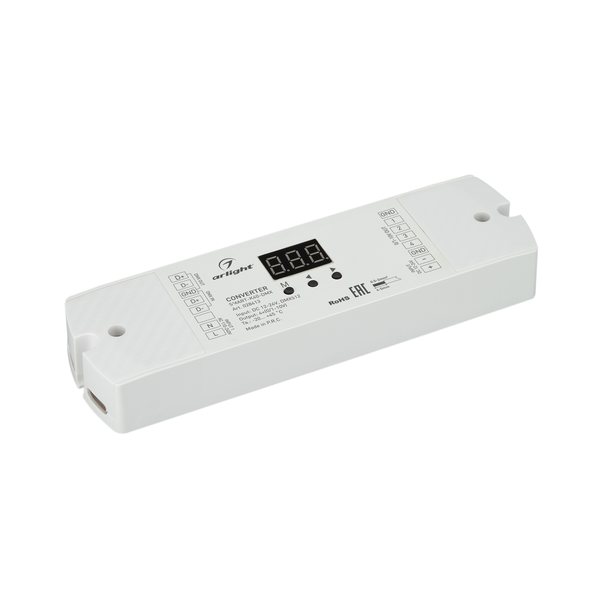 Конвертер SMART-K40-DMX (12-24V, 0/1-10V) 028413 - Конвертер сигнала DMX512 в 0/1-10V. Вход - DMX512, выход 0-10V и 1-10V (по выбору), напряжение питания DC 12-24V. На выходе 4 канала, ток нагрузки 20мА на канал. На корпусе цифровой монитор. Габариты 170х