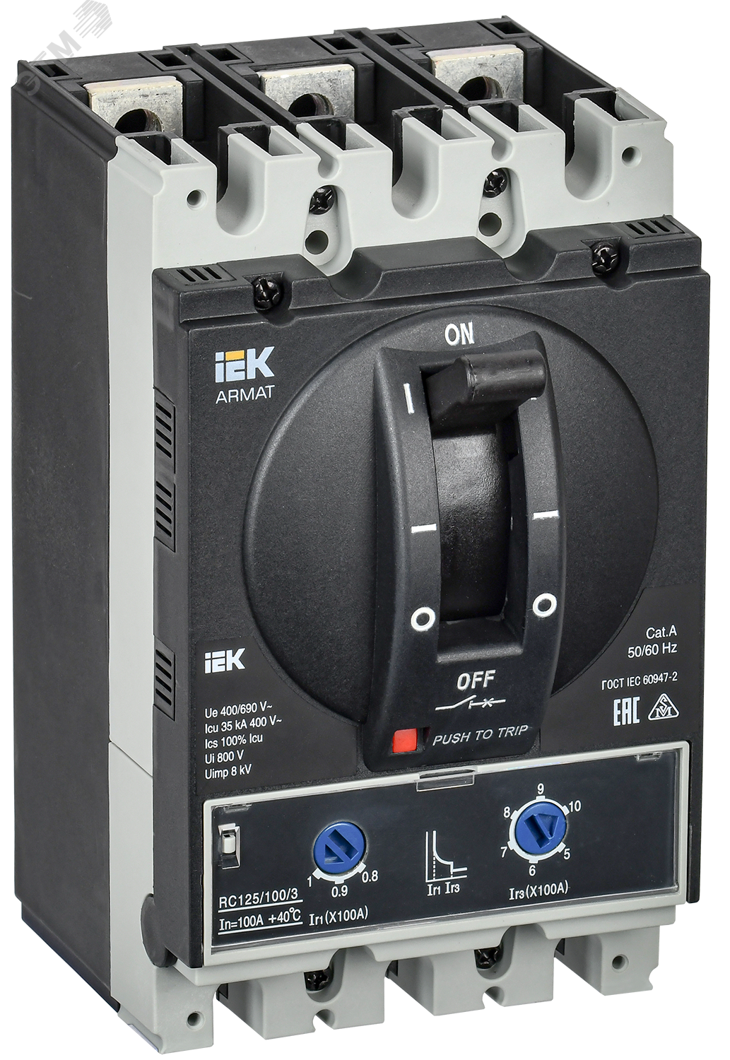 Автоматический выключатель в литом корпусе ARMAT 3P типоразмер A 35кА 100А расцепитель термомагнитный регулируемый AR-MCCB-3A-035-0100A-ATUC