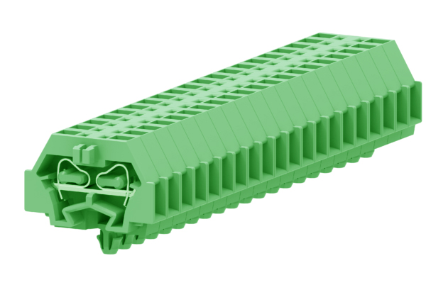 Клемма мини 240316 - Мини клемма, боковой подвод кабеля, 2 точки подключения в клемме, тип фиксации провода: пружинный, номинальное сечение: 1,5 мм кв., 18A, 400V, цвет: зеленый, тип монтажа: защелки в панель