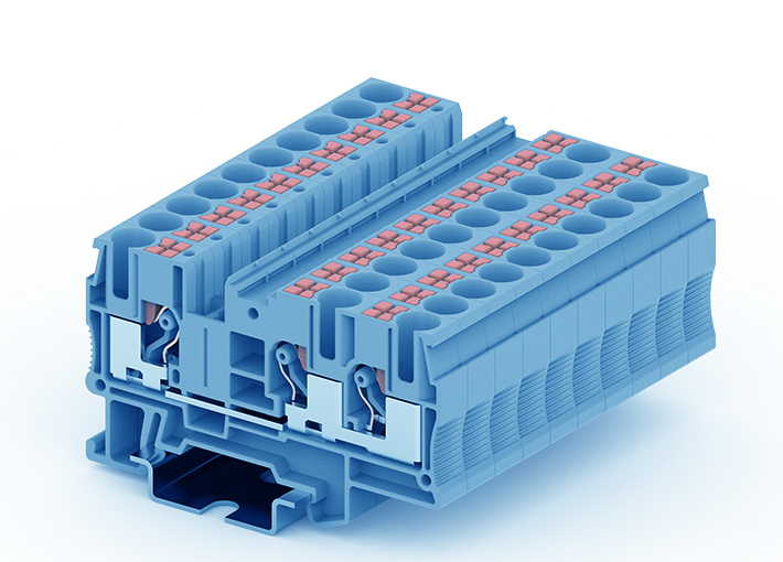 Проходная клемма TP6-3-BU - Проходная клемма, 3 точки подключения, тип фиксации провода: push-in, номинальное сечение: 6 мм кв., 41A, 1000V, ширина: 8,2 мм, цвет: синий, тип монтажа: DIN 35