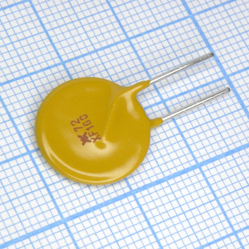 RXEF160 - Самовосстанавливающийся предохранитель PTC 1.6A(hold) 3.2A(trip) 72V 40A 1.9W 11.4s 0.09Ohm, радиальные выводы, 16.3 X 3 X 20.8mm, россыпью