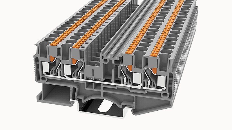 Проходная клемма DS4-QU-01P-11 - Проходная клемма, 4 точки подключения, тип фиксации провода: Push-in, номинальное сечение: 4 мм кв., 32A, 800V, ширина: 6,2 мм, цвет: серый, втычная перемычка, тип монтажа: DIN35