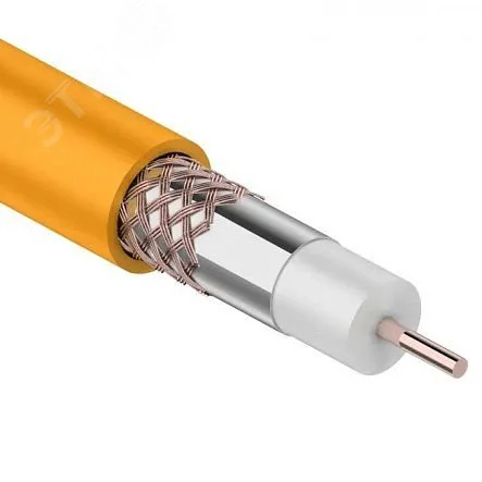 Кабель коаксиальный RG-6U нг(А)-HF, Cu/Al/Cu, 64%, 75Ом, 100м, INDOOR, оранжевый - в бухте 100м, внешняя оболочка выполнена из безгалогенной полимерной композиции-HF, не поддерживающей горение