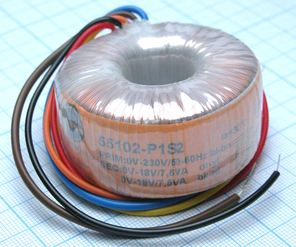 55102-P1S2 - Тороидальный трансформатор 15ВА 230В 2x18В 0.417A S, (62x62мм)