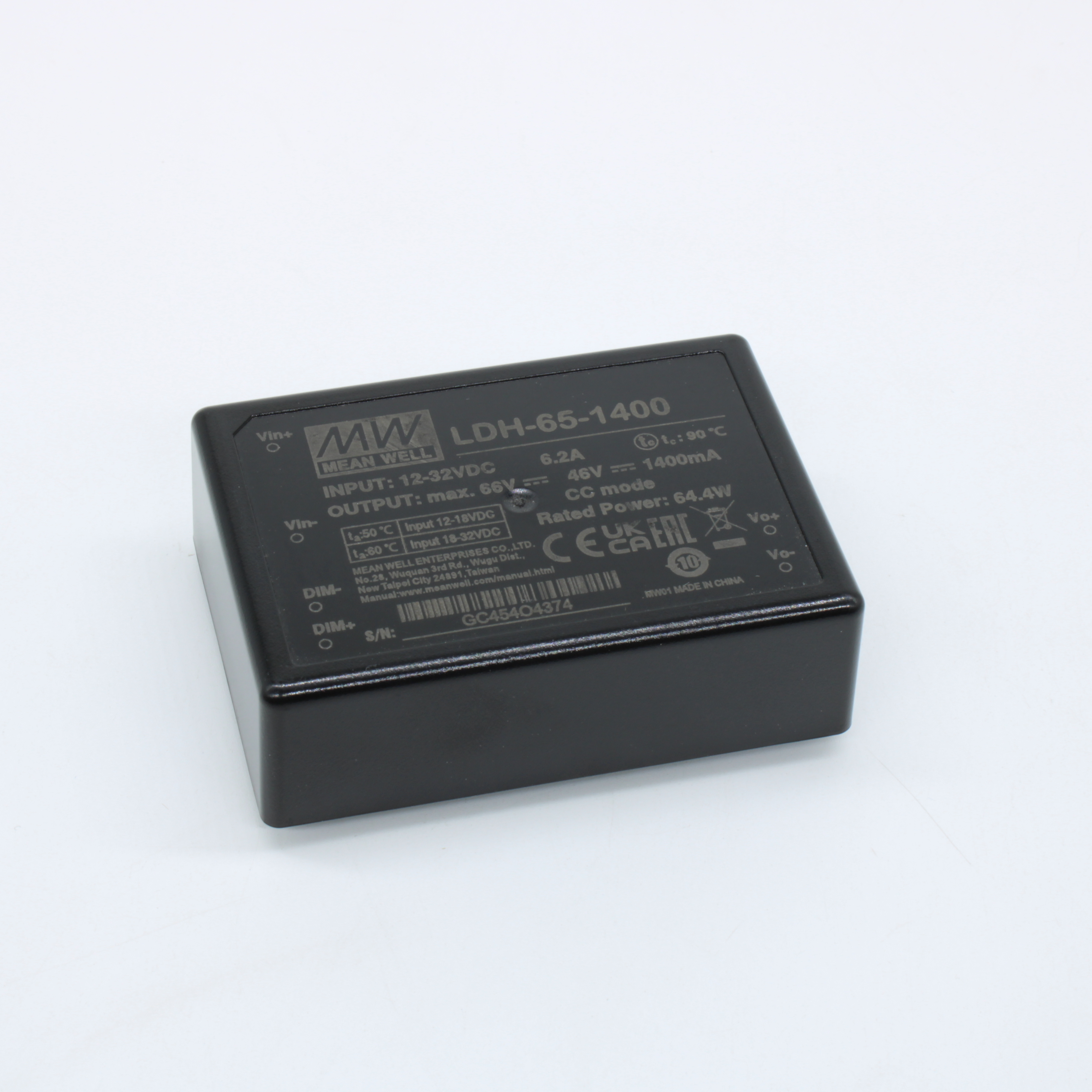 LDH-65-1400 - DC/DC LED повышающий, вход 9.5…32В, выход 12.5…46В/1.4А, КПД до 95%, DIMM, 75x53x22.7мм, DIP, -40…50/60°C, пластик