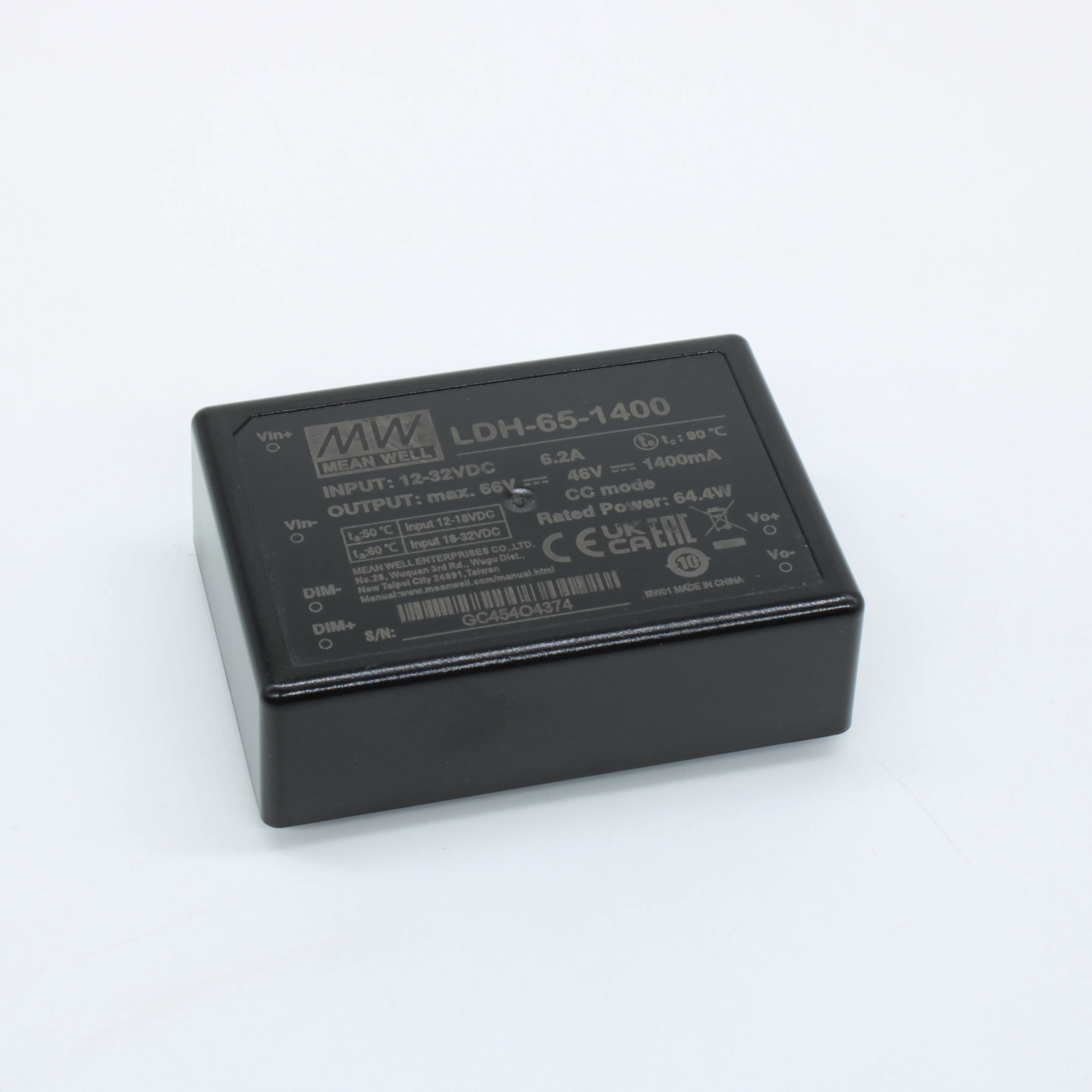 LDH-65-1400 - DC/DC LED повышающий, вход 9.5…32В, выход 12.5…46В/1.4А, КПД до 95%, DIMM, 75x53x22.7мм, DIP, -40…50/60°C, пластик