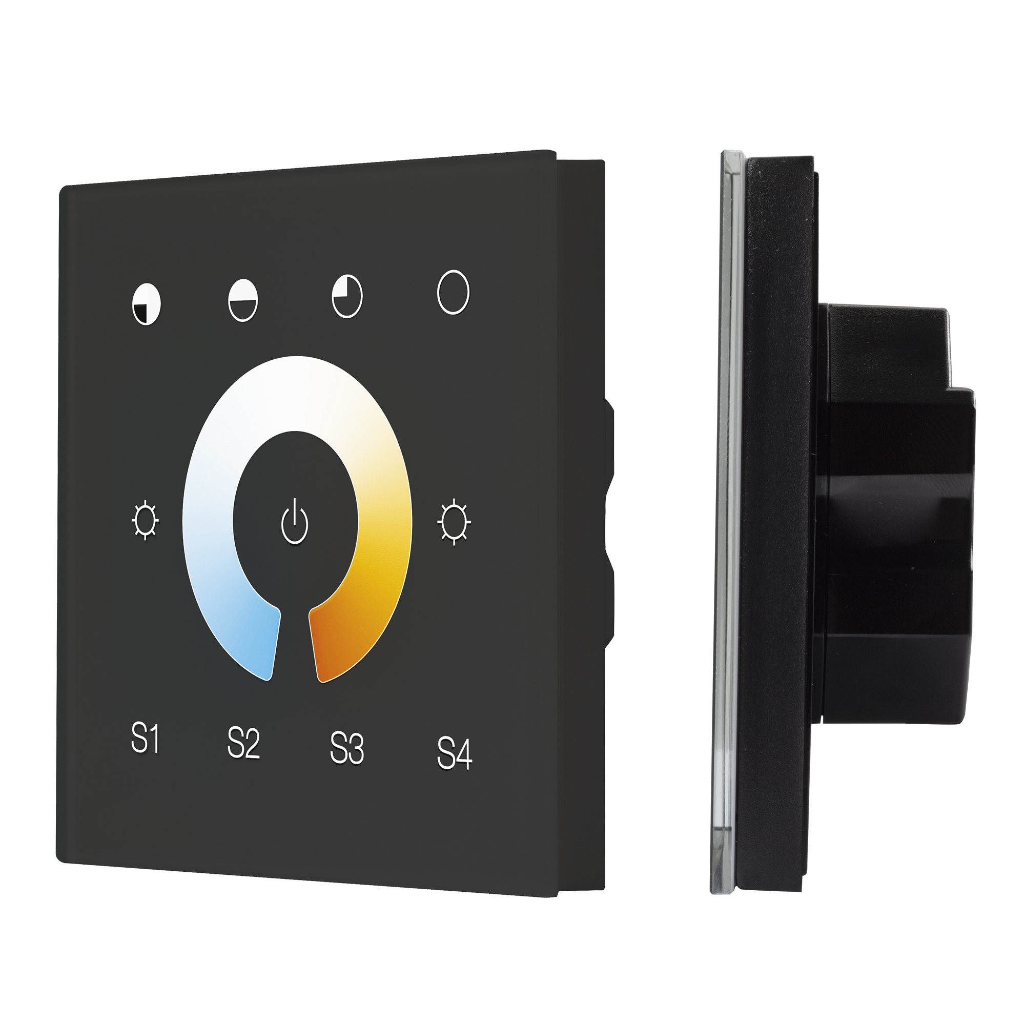 INTELLIGENT ARLIGHT Сенсорная панель DALI-901-11-1G-4SC-MIX-DT8-IN Black (BUS/230V) 037195 - Настенная встраиваемая стеклянная панель чёрного цвета с сенсорным управлением (сенсорное кольцо и 11 сенсорных кнопок) для светодиодных MIX-источников света. 1 з