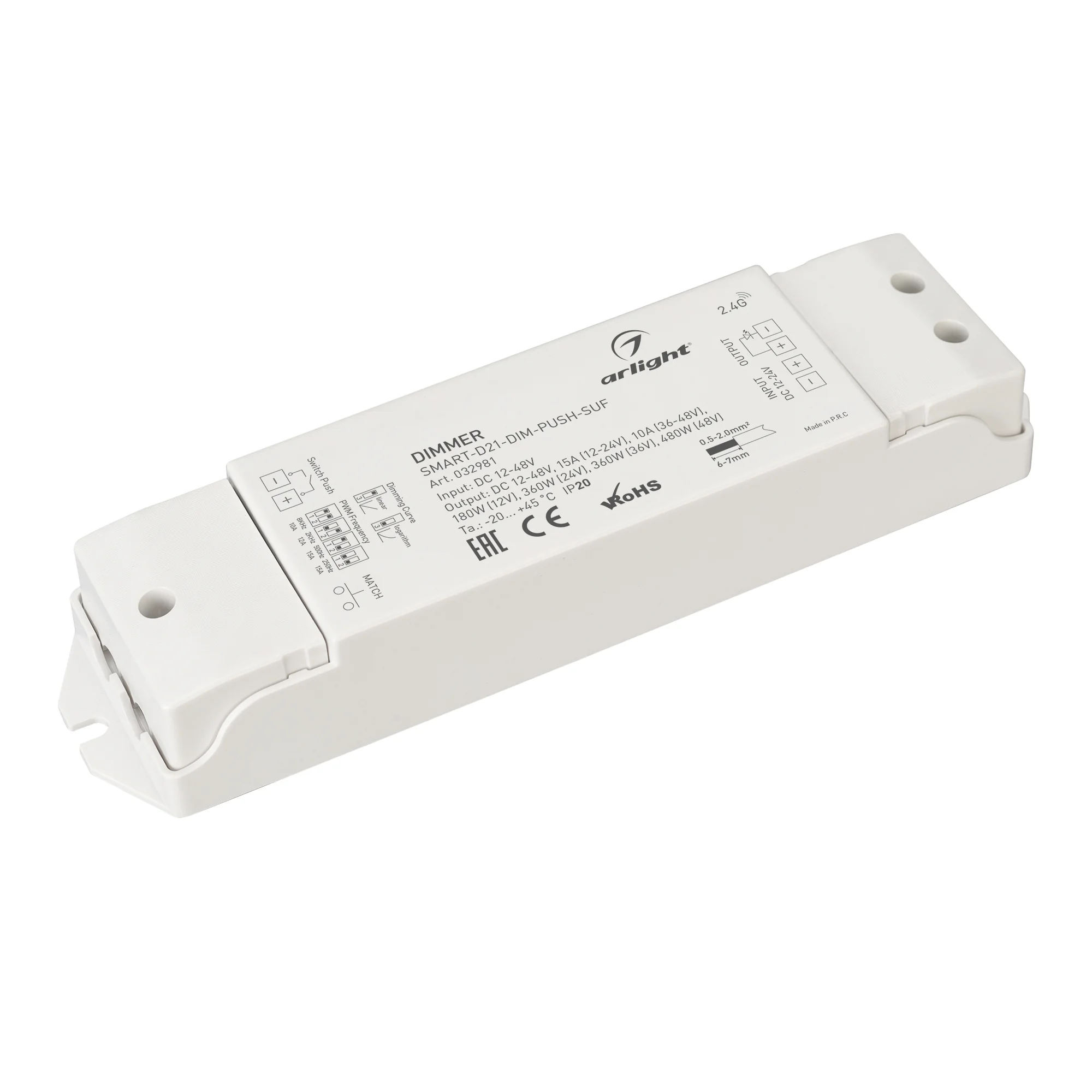 Диммер SMART-D21-DIM-PUSH-SUF (12-48, 1x15A, 2.4G) 032981 - Диммер для монохромной светодиодной ленты (ШИМ). Питание/рабочее напряжение 12-48VDC, максимальный ток 15A на канал при напряжении 12-24В, 10А на канал при напряжении 36-48В, 1 канал, максимальна