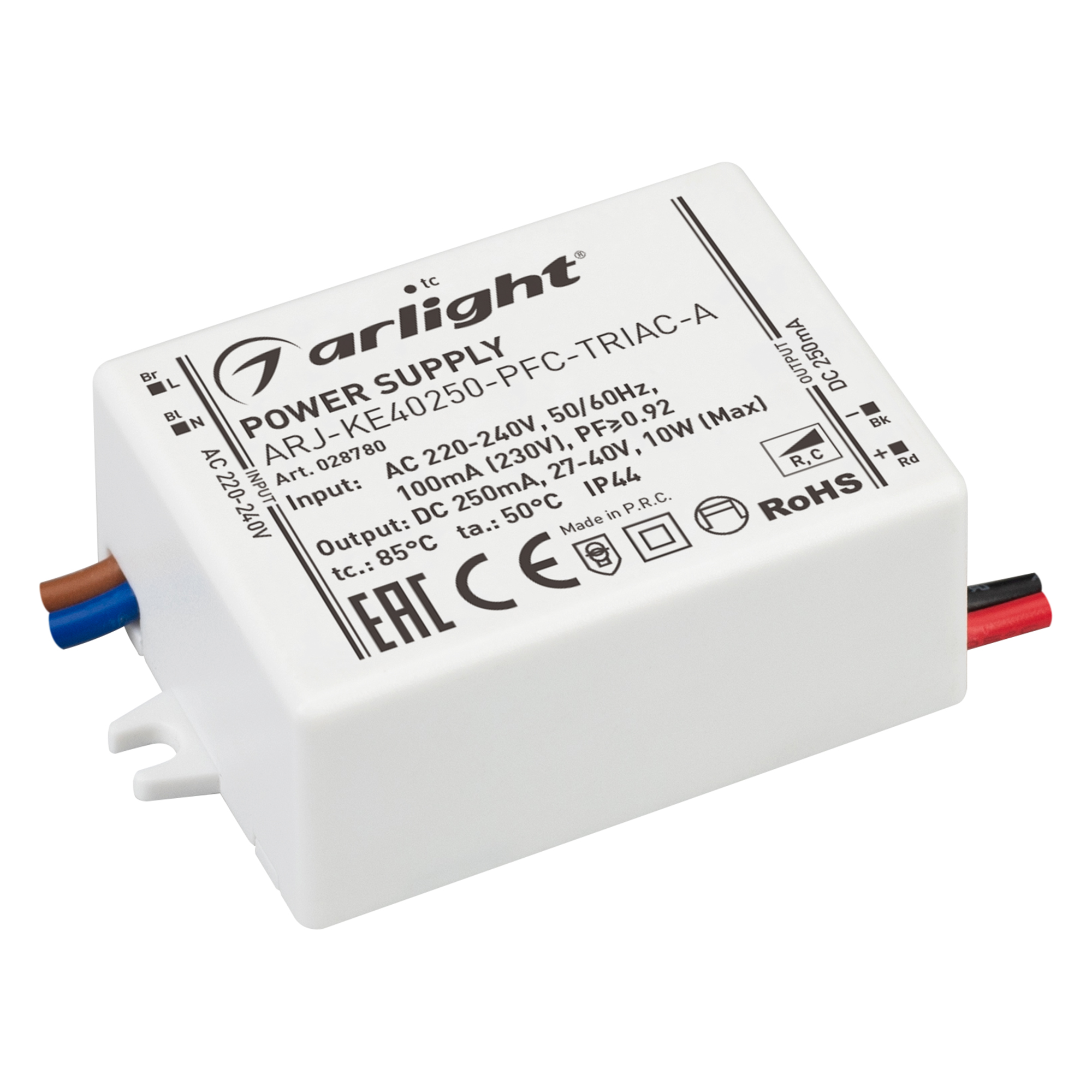 Блок питания ARJ-KE40250-PFC-TRIAC-A (10W, 250mA) 028780 - Диммируемый источник тока по стандарту TRIAC с гальванической развязкой для светильников и мощных светодиодов. Входное напряжение 220-240 VAC. Выходные параметры: 27-40 В, 250 mА, 10 Вт. Встроенны