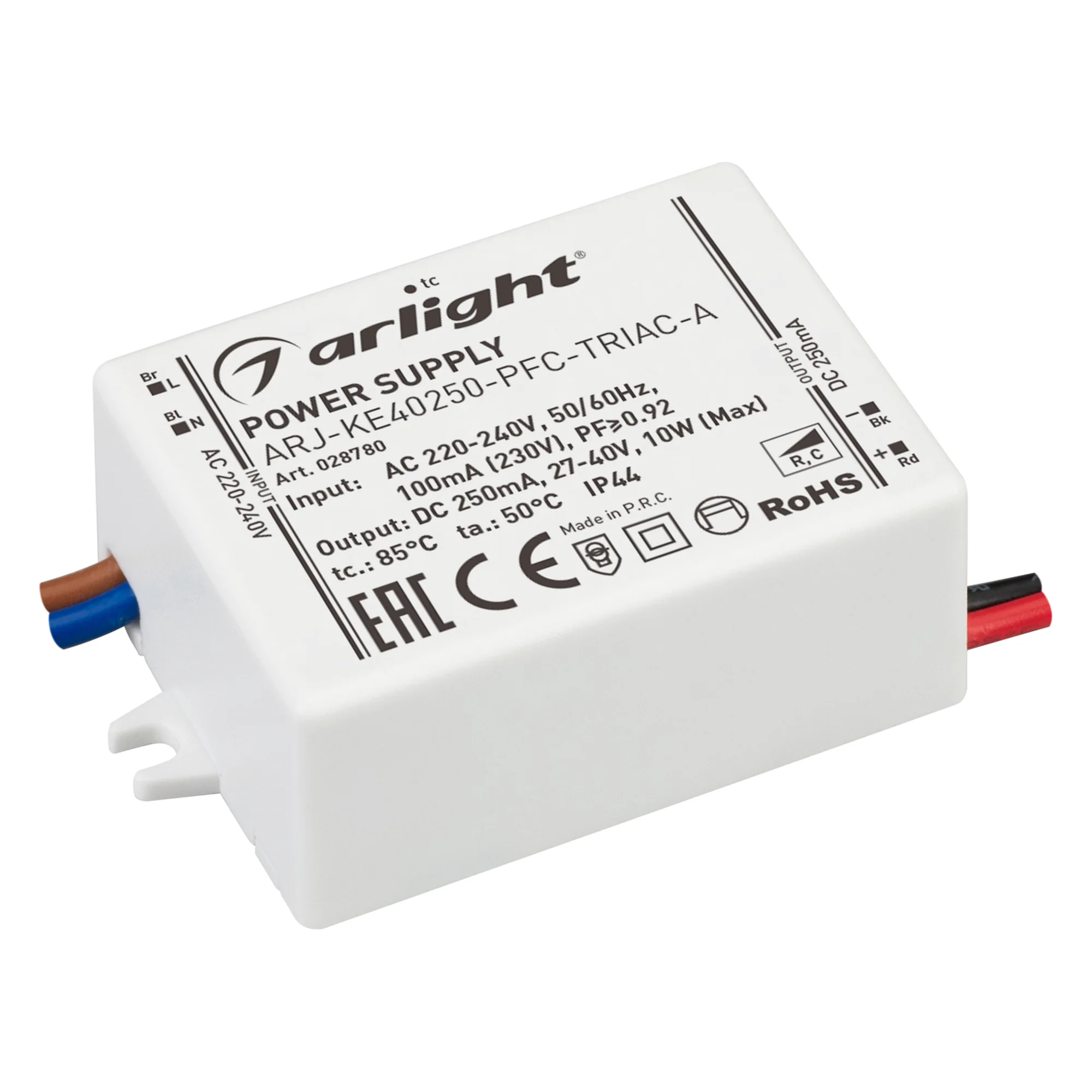 Блок питания ARJ-KE40250-PFC-TRIAC-A (10W, 250mA) 028780 - Диммируемый источник тока по стандарту TRIAC с гальванической развязкой для светильников и мощных светодиодов. Входное напряжение 220-240 VAC. Выходные параметры: 27-40 В, 250 mА, 10 Вт. Встроенны