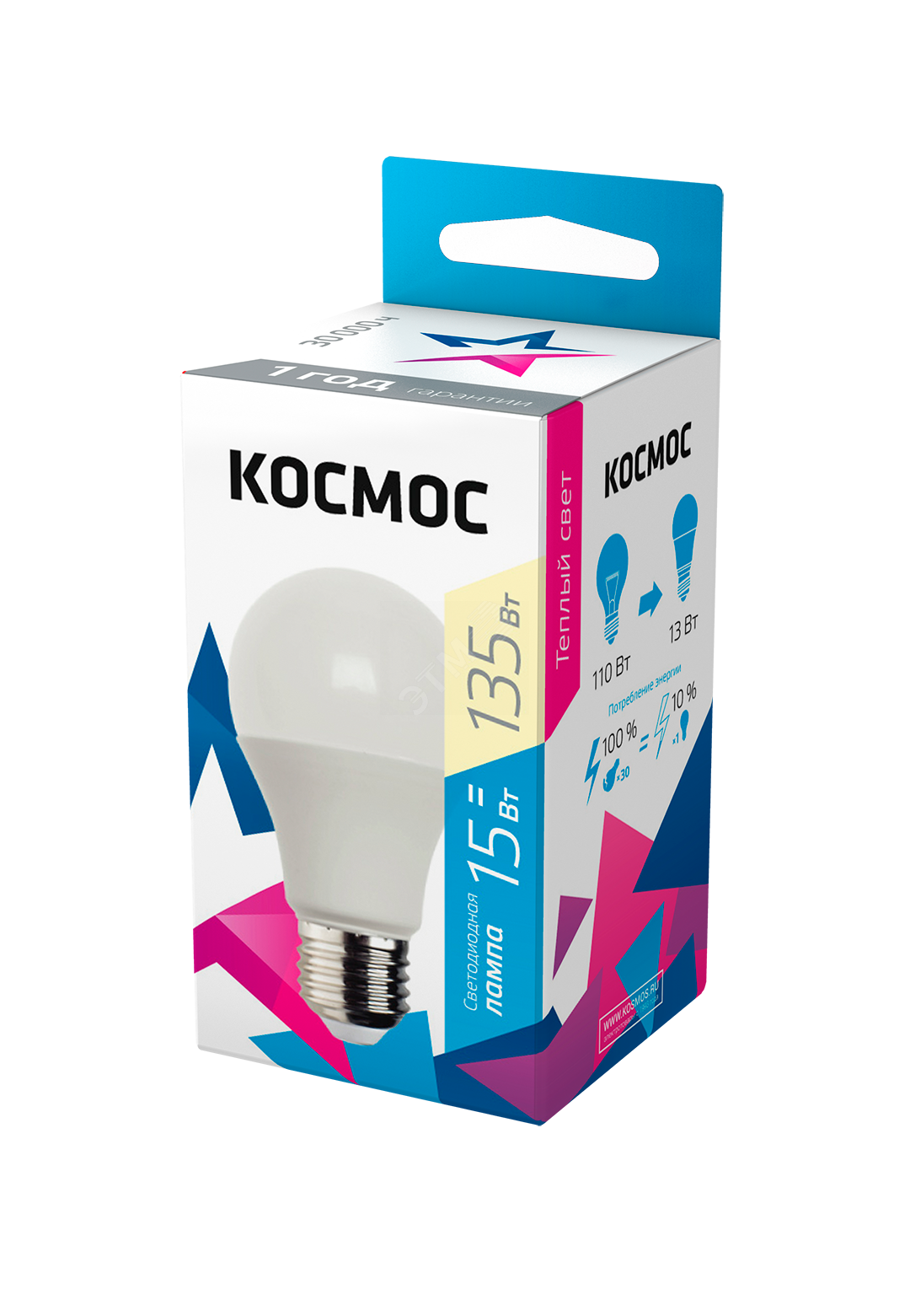 Лампа светодиодная A60 15Вт 3000К E27 220В КОСМОС LkecLED15wA60E2730