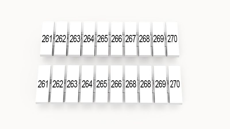 Марк.  полоска ZB3.5-10P-19-36Z(H) - Маркировочные шильдики для клемм DS…, сечением 1,5 мм кв., центральная, 10 шильдиков нанесенные символы: 261-270, с вертикальным расположением, размер шильдика: 2,95х10,7 мм, цвет белый