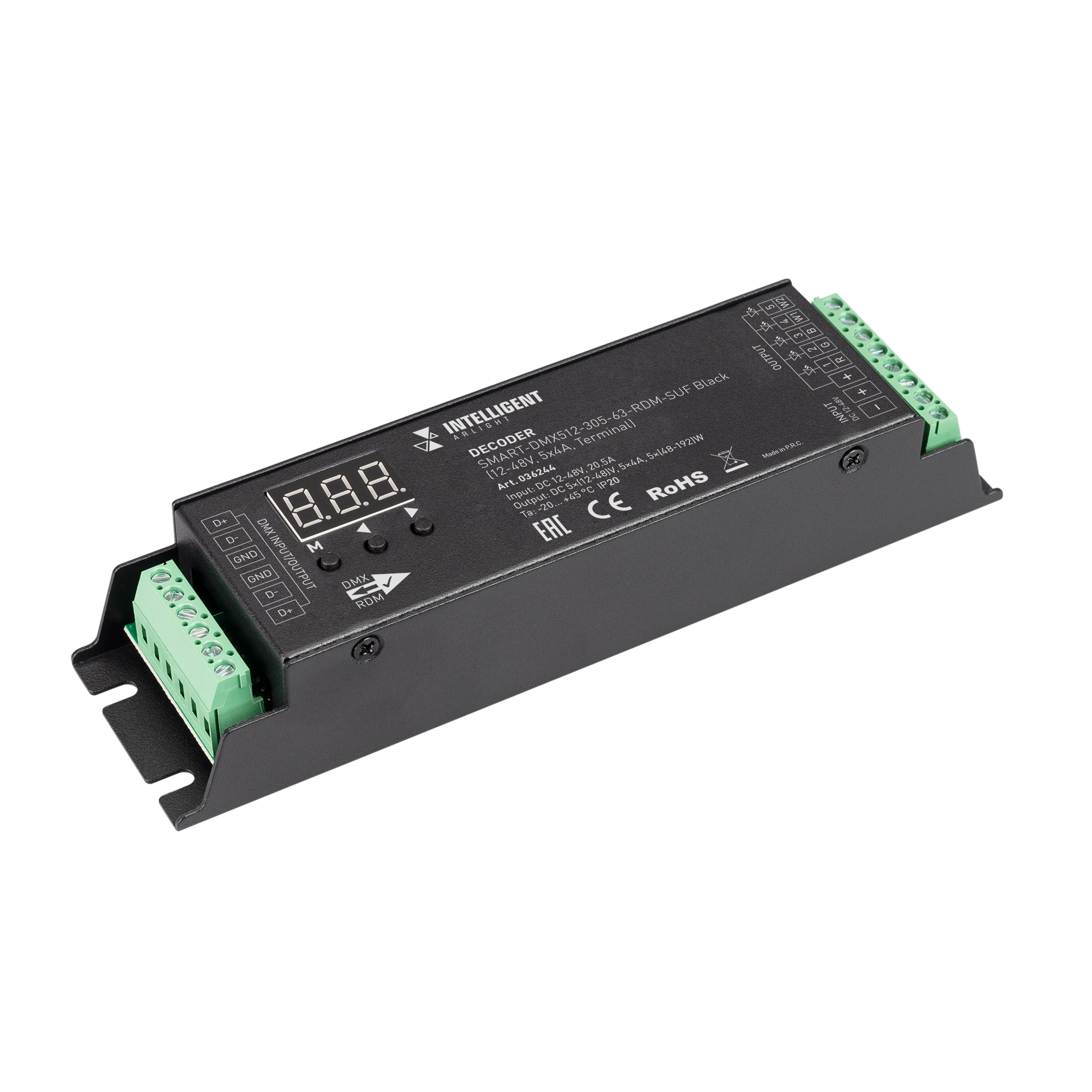 INTELLIGENT ARLIGHT Декодер SMART-DMX512-305-63-RDM-SUF Black (12-48V, 5x4A, Terminal) 036244 - Декодер DMX512 для трансляции DMX512 сигнала ШИМ(PWM) устройствам. Питание 12-48VDC. 2 каналов, ток нагрузки 5x4A, мощность нагрузки 240-960W. Входной сигнал D