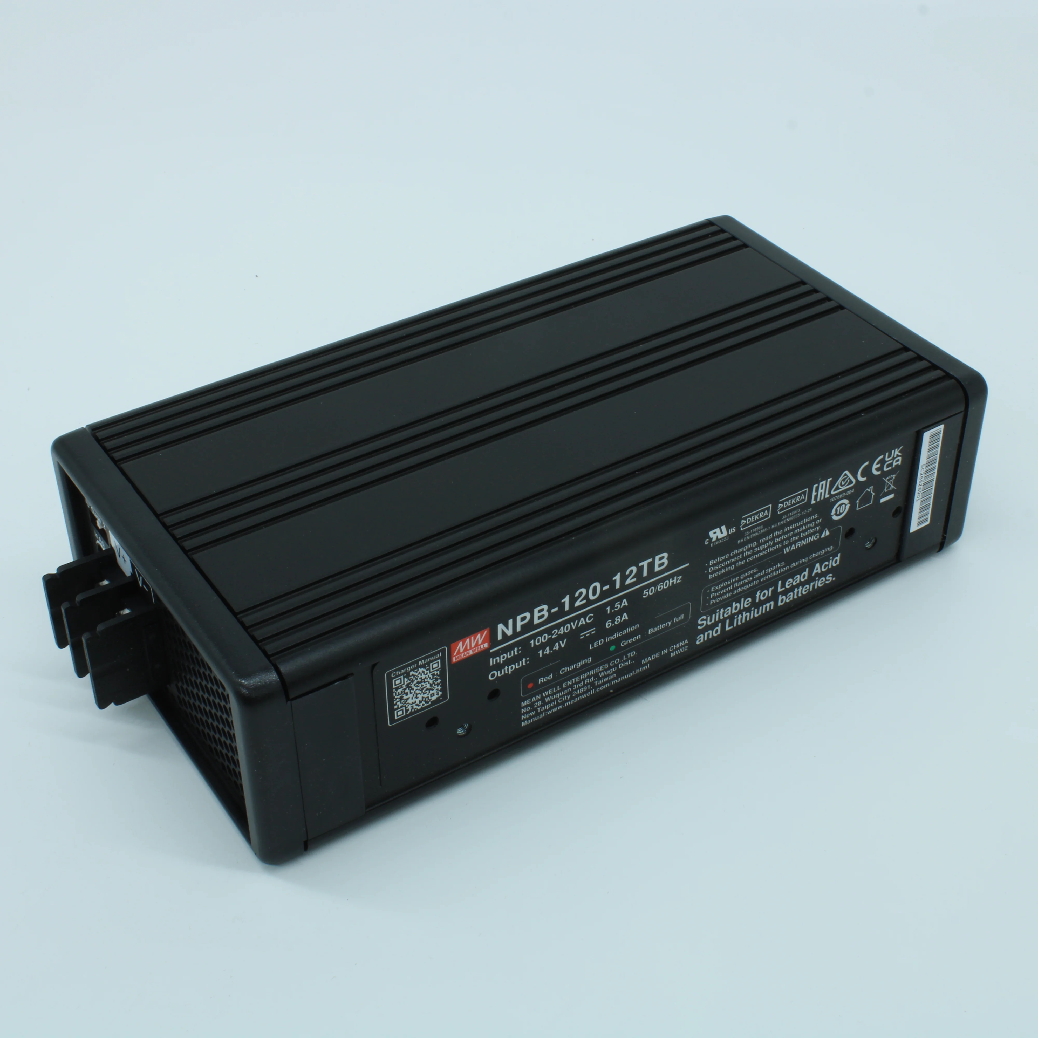 NPB-120-12TB - AC/DC зарядное устройство, 103.4 Вт, 14.4 (рег.10.5…15.2) В/6.8 (рег.3.4…6.8) А, вход 90…264VA C, 47…63Гц /127…370В DC, изоляция 3000В AC, PFC, для свинцовых (обслуживаемых, гелевых, AGM) и Li-ion (Fe, Mn), 182.7*96*49мм, -30…+70°С