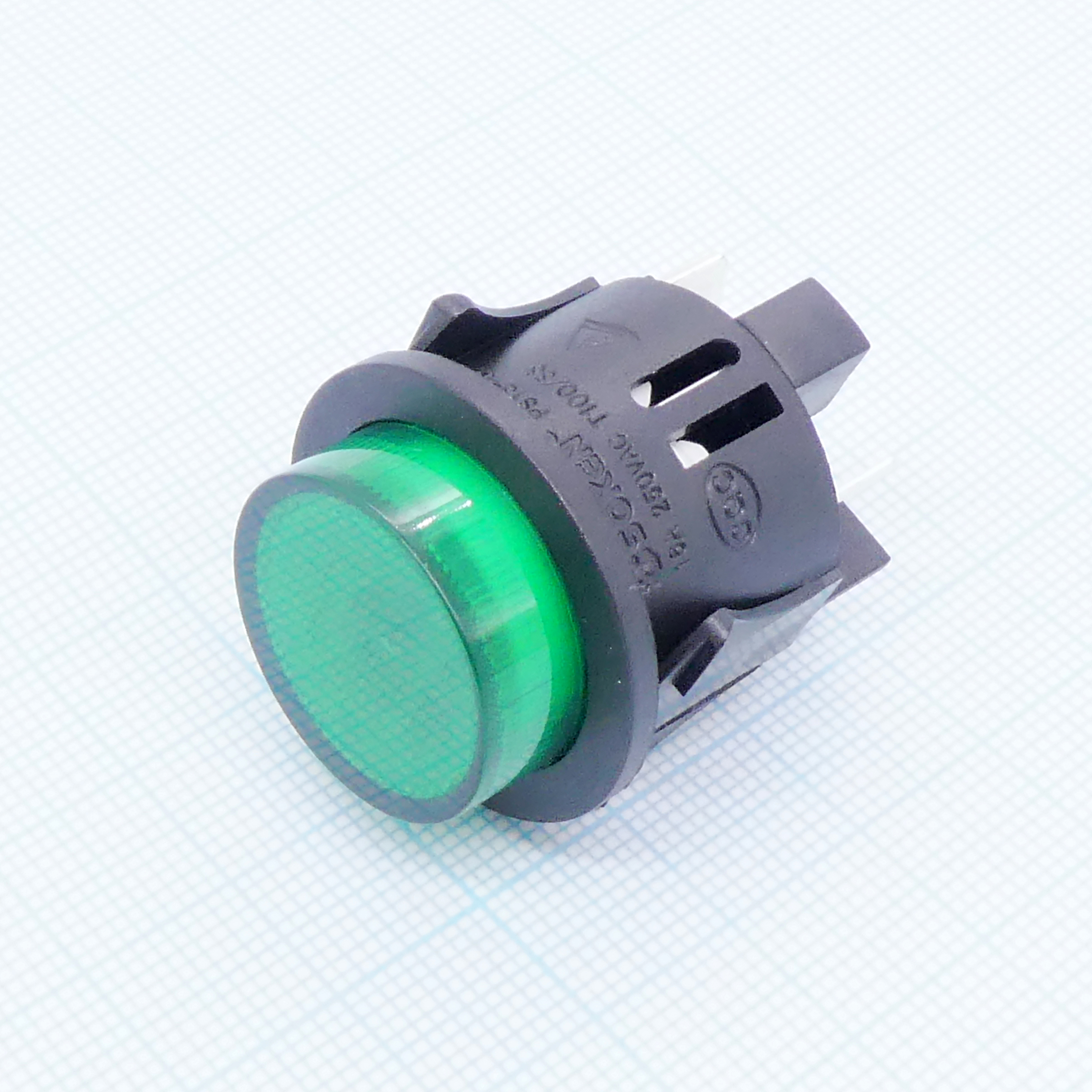 DS SC-7087A-1 ФЧЗ - кнопка с фиксацией, нормально разомкнутая, черный корпус зеленая клавиша, подсветка 220В