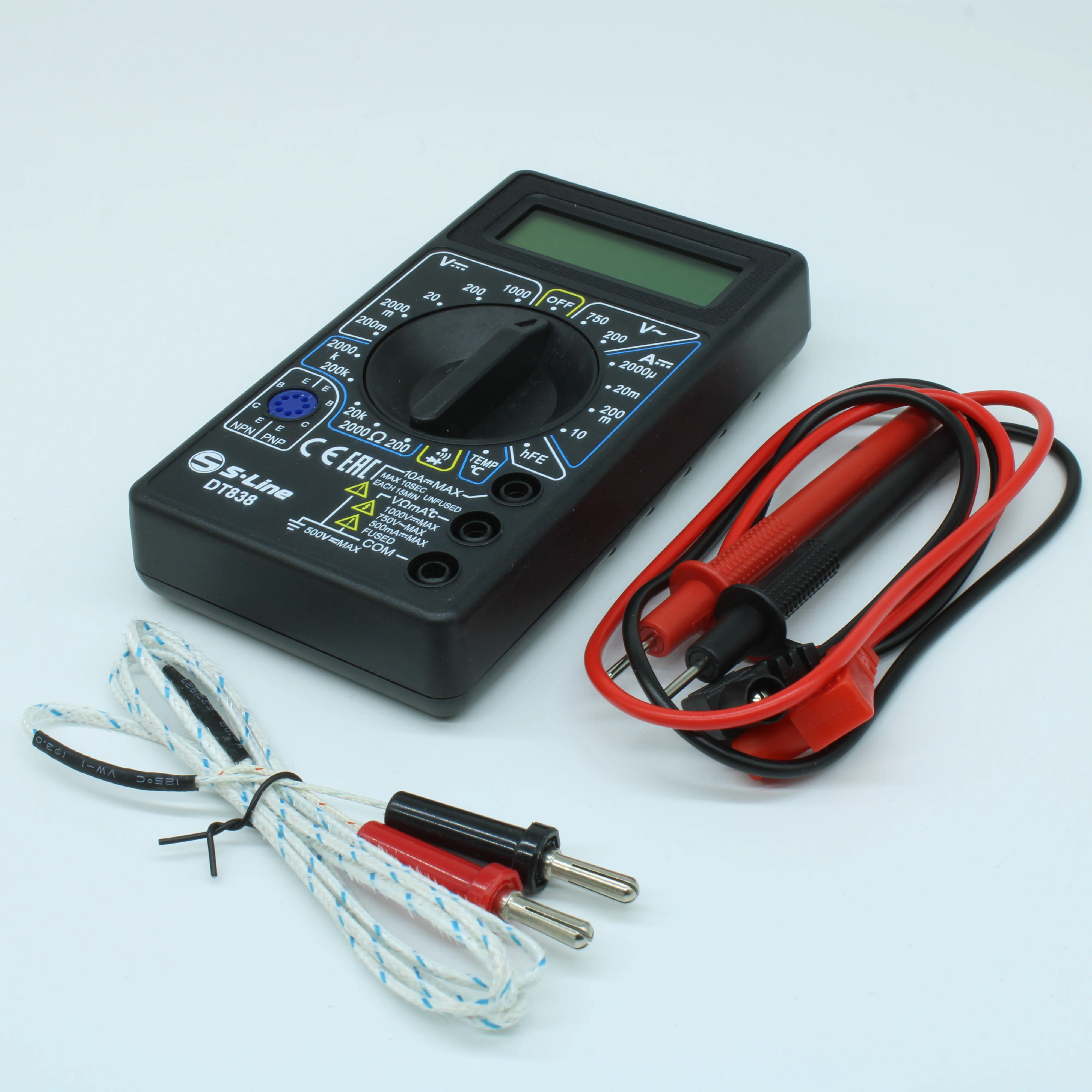 DT-838 - Мультиметр цифровой. Тест диодов, транзисторов, измерение тока, напряжения, сопротивления и других параметров.