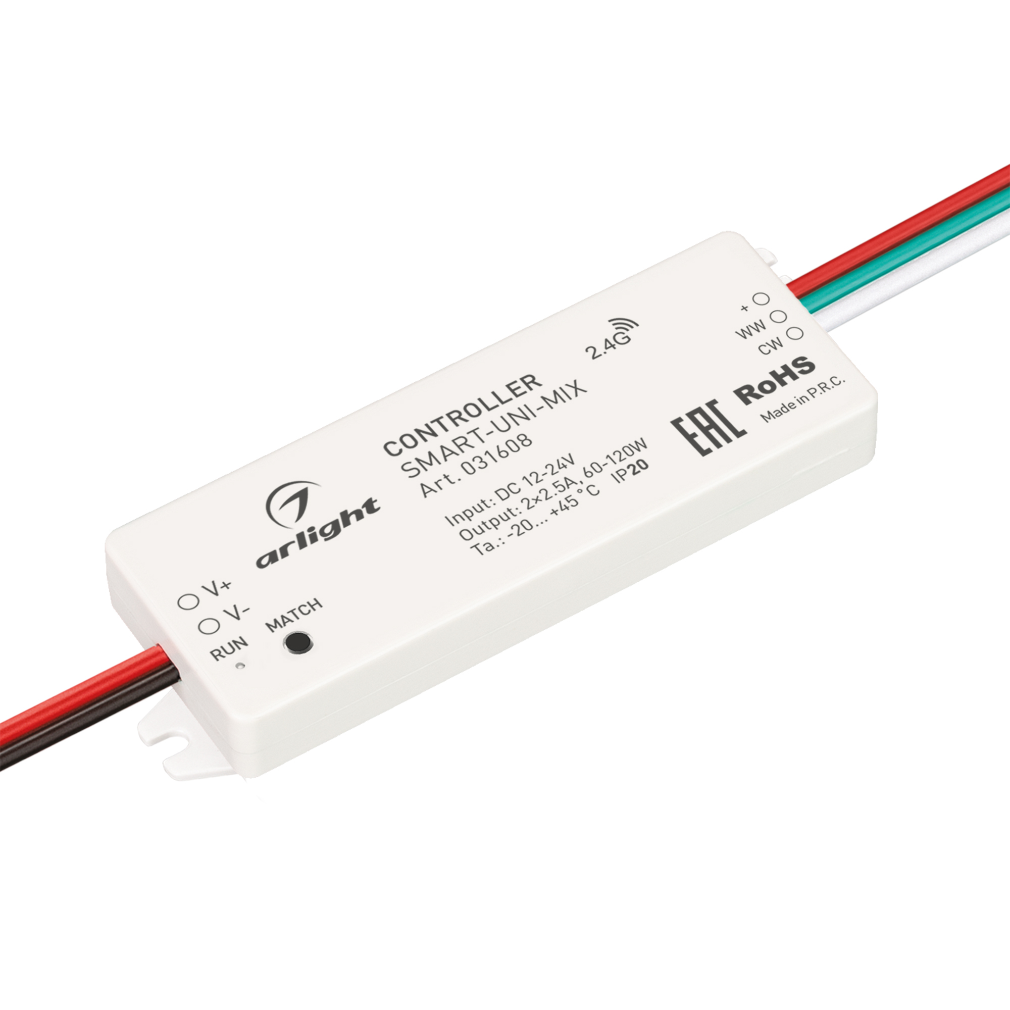 Контроллер SMART-UNI-MIX (12-24V, 2x2.5A, 2.4G) 031608 - Контроллер для мультибелой (MIX) светодиодной ленты (ШИМ). Питание/рабочее напряжение 12-24VDC, максимальный ток 2.5A на канал, 2 канала, максимальная мощность 60-120W. Корпус - PVC. Габариты 64x23.