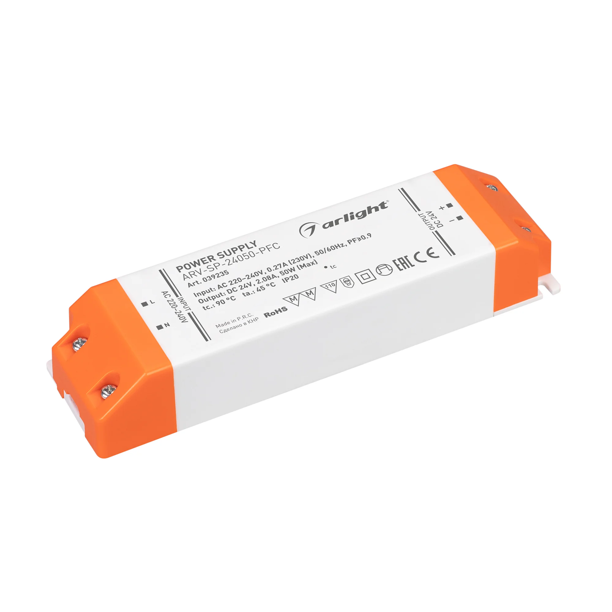 Блок питания ARV-SP-24050-PFC (24V, 2.08A, 50W) 039235 - Источник напряжения с гальванической развязкой для светодиодных изделий. Входное напряжение 220-240 VAC. Выходные параметры: 24 В, 2.08 А, 50 Вт. Встроенный PFC >0.9. Негерметичный пластиковый корпу