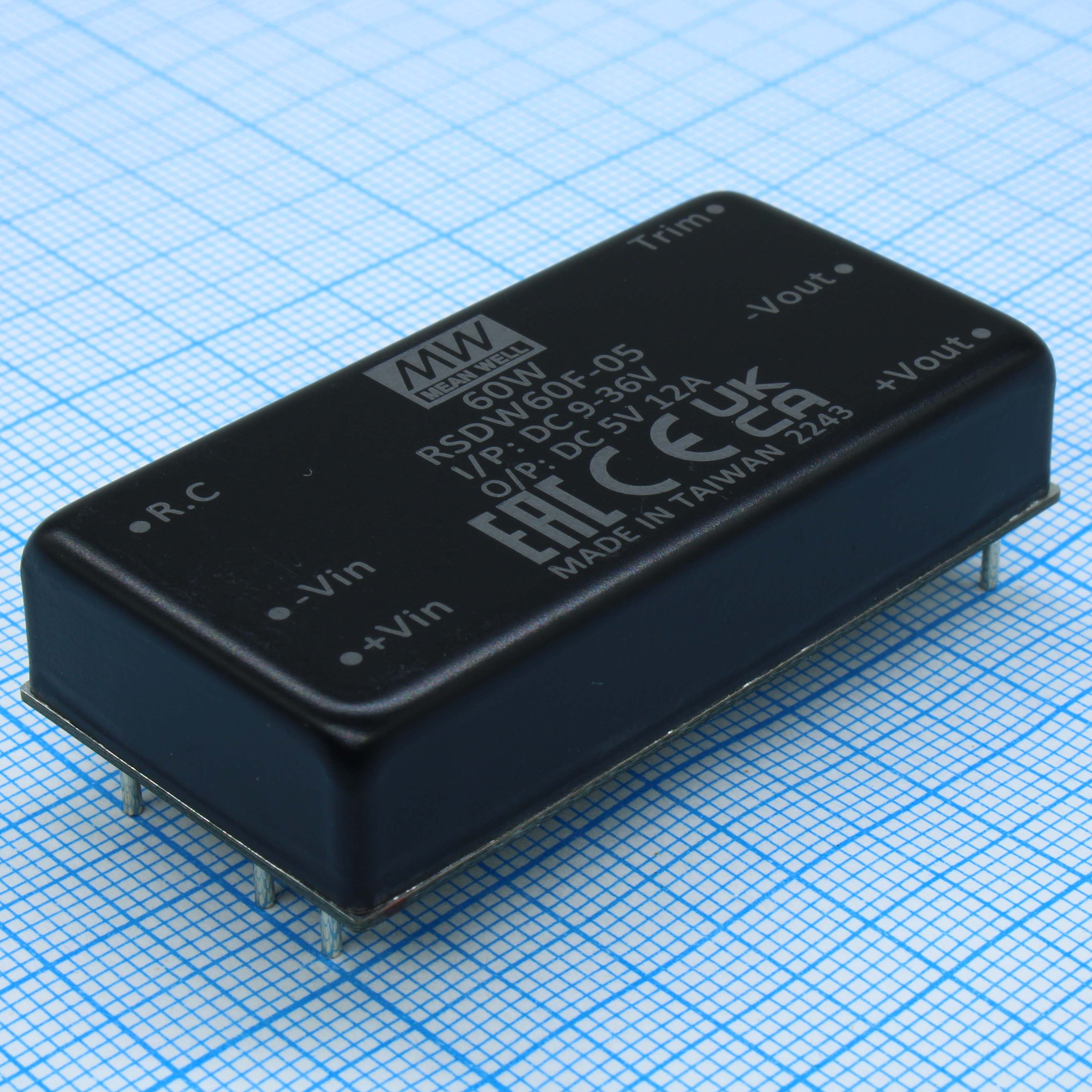 RSDW60F-05 - DC/DC, 60Вт, вход 9…36В, выход 5В/12А, изоляция 3000В DC, КПД 90%, максимальная емкостная нагрузка не более 28000мкФ, 2x1", 50.8x25.4x10.5мм, -40…85°C
