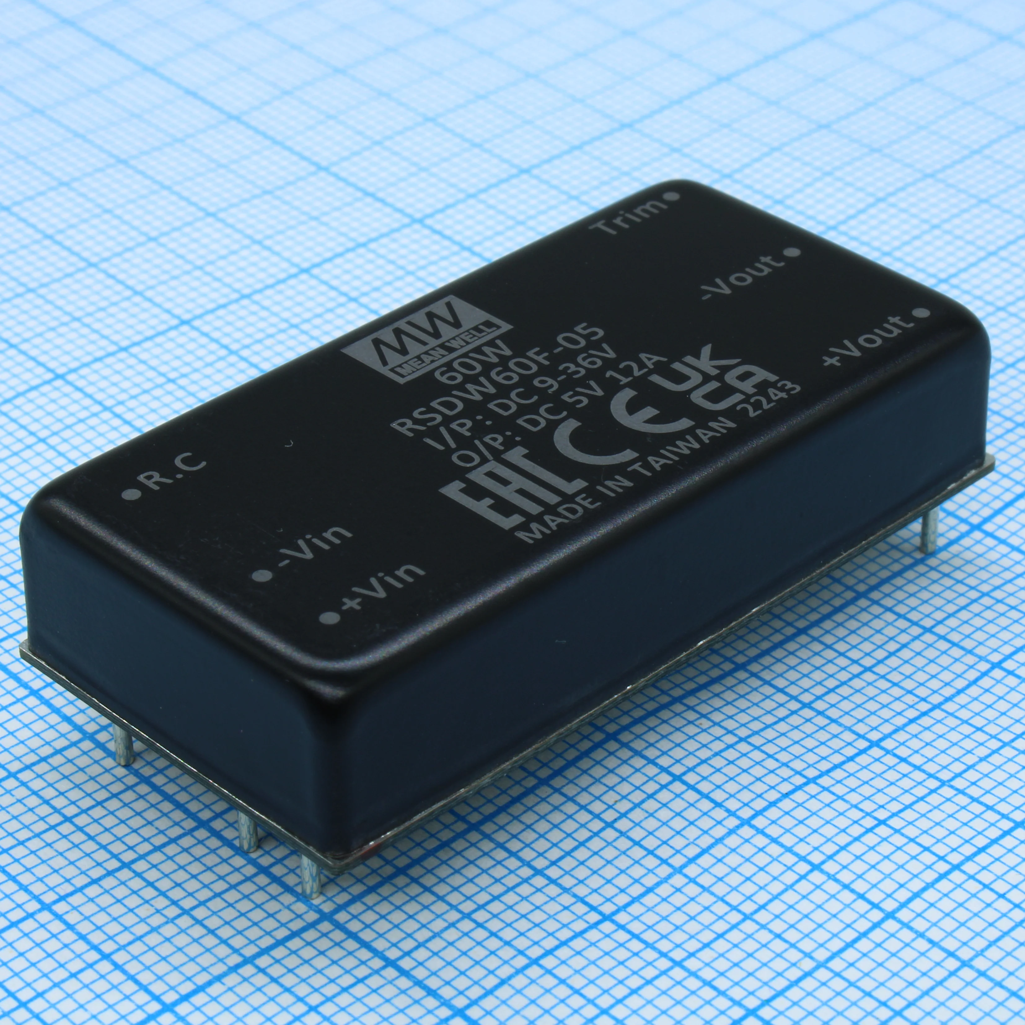 RSDW60F-05 - DC/DC, 60Вт, вход 9…36В, выход 5В/12А, изоляция 3000В DC, КПД 90%, максимальная емкостная нагрузка не более 28000мкФ, 2x1", 50.8x25.4x10.5мм, -40…85°C