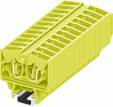 Клемма мини 254365 - Мини клемма, верхний подвод кабеля, 2 точки подключения в клемме, тип фиксации провода: пружинный, номинальное сечение: 2,5 мм кв., 24A, 800V, цвет: желтый, тип монтажа: DIN15