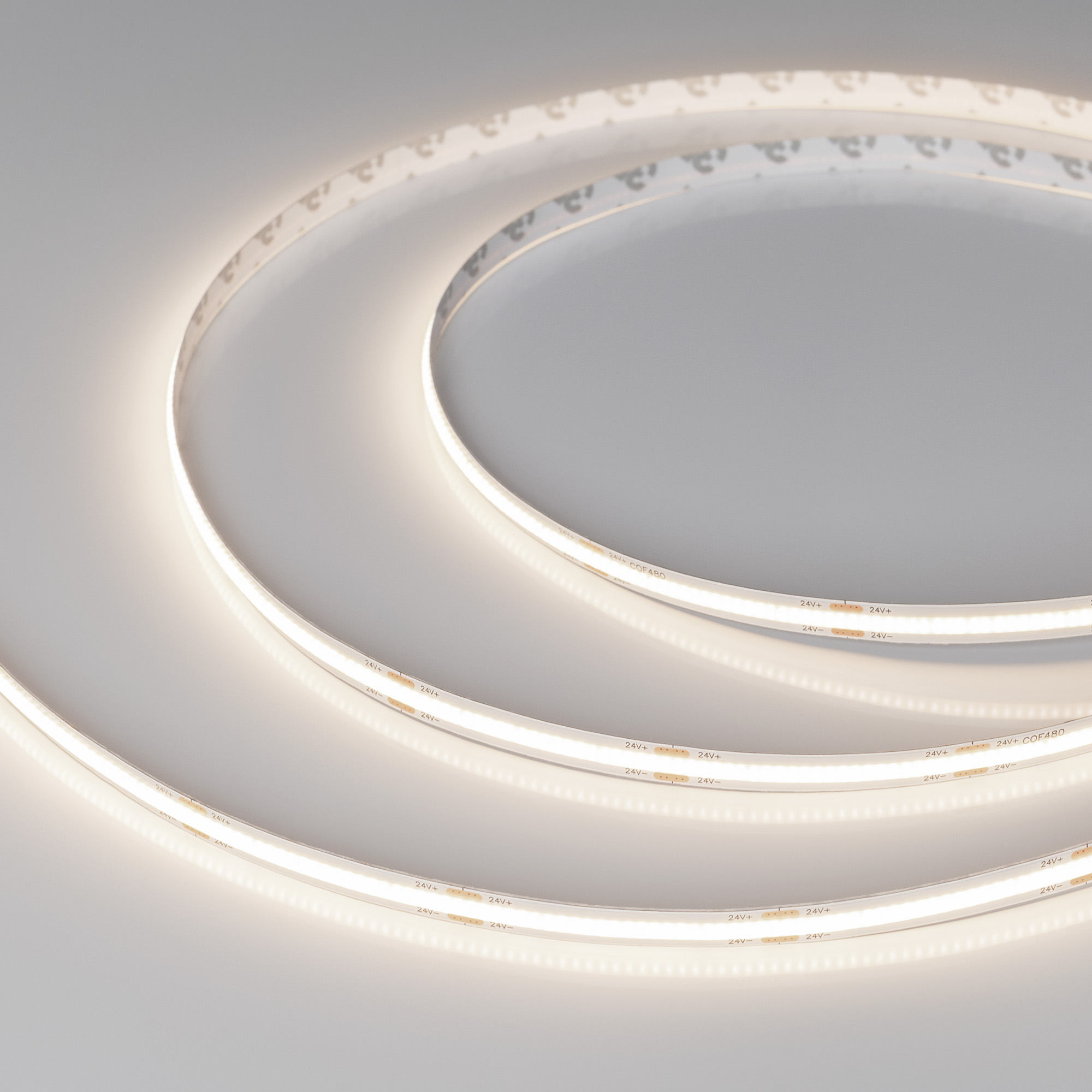 Лента COB-X480-8mm 24V Day4000 (8 W/m, IP20, CSP, 5m) 039058 - Светодиодная лента COB-X480, открытая IP20. Светодиоды CSP, 480 шт/м (2400 шт на 5 м), белая плата, ширина 8 мм, скотч 3М. Цвет ДНЕВНОЙ 4000K, цветопередача CRI>90, угол 180°. Питание 24 В, мо