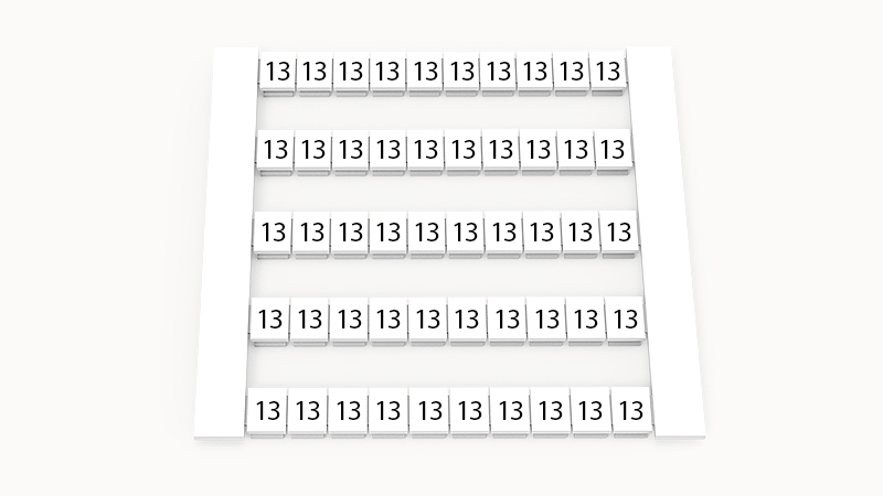 Марк. кассета DEK5-50P-19-87Z(H) - Маркировочные шильдики для клемм WS…, сечением 2,5 мм кв., боковая, 50 шильдиков, нанесенные символы: 13, по 5 полосок,с вертикальным расположением, размер шильдика: 4,8х5,5 мм, цвет белый