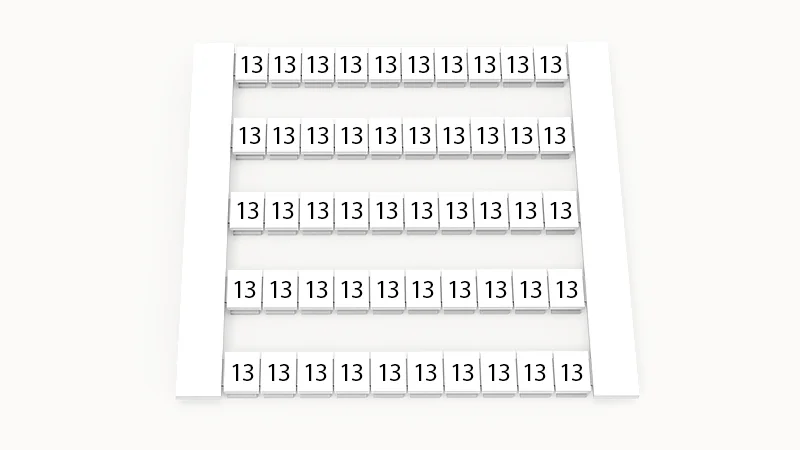 Марк. кассета DEK5-50P-19-87Z(H) - Маркировочные шильдики для клемм WS…, сечением 2,5 мм кв., боковая, 50 шильдиков, нанесенные символы: 13, по 5 полосок,с вертикальным расположением, размер шильдика: 4,8х5,5 мм, цвет белый