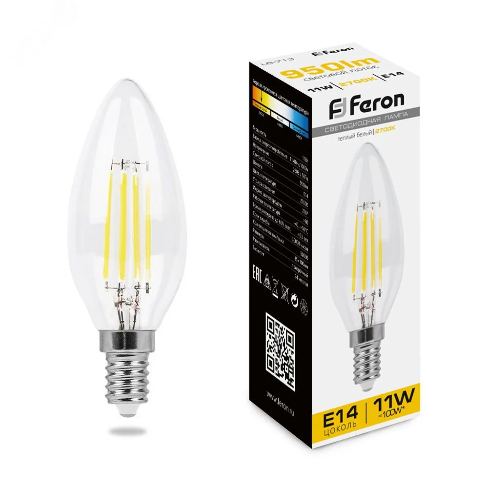 Лампа светодиодная LED 11вт Е14 теплый свеча FILAMENT 38006