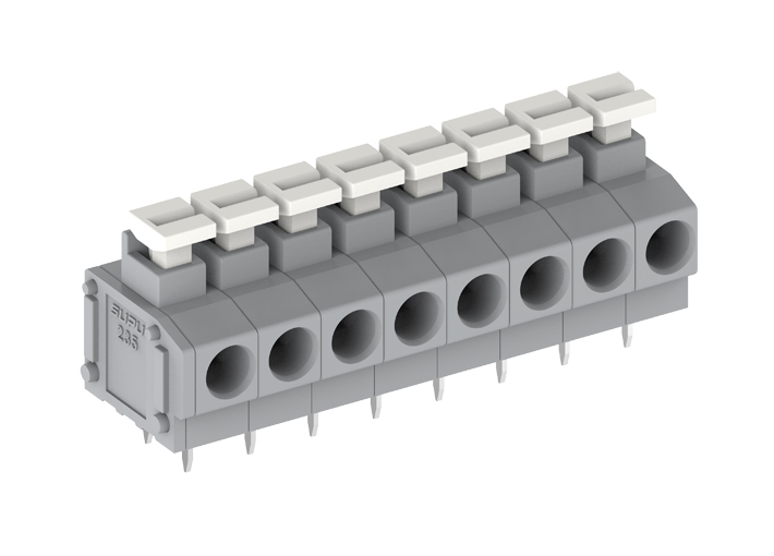 Клемма на плату 235202/010 - Клемма, горизонтальный подвод кабеля, на плату, шаг: 5.0 мм, 2 полюса, фиксация провода push-in, исполнение: два вывода на контакт, 320V, 17,5A, цвет: серый