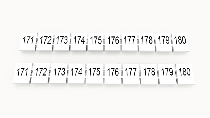 Марк.  полоска ZB8-10P-19-23Z(H) - Маркировочные шильдики для клемм WS…, DC…, PC…, сечением 6 мм кв., центральная, 10 шильдиков нанесенные символы: 171-180, с вертикальным расположением, размер шильдика: 7,45х10,7 мм, цвет белый