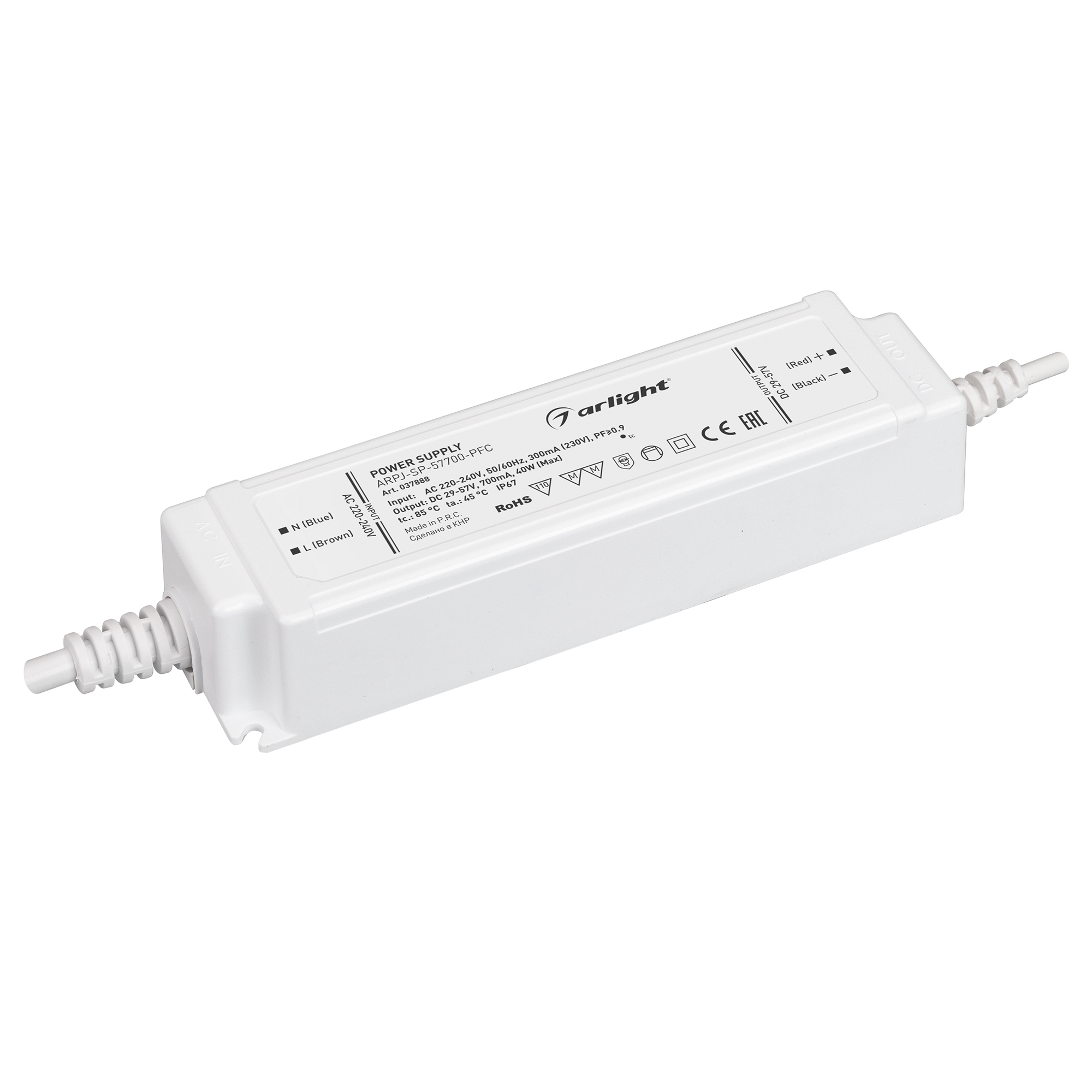 Блок питания ARPJ-SP-57700-PFC (40W, 29-57V, 0.7A) 037888 - Источник тока с гальванической развязкой для светильников и мощных светодиодов. Входное напряжение 220-240 VAC. Выходные параметры: 29-57 В, 700 mА, 40 Вт. Встроенный PFC >0.9. Герметичный пласти