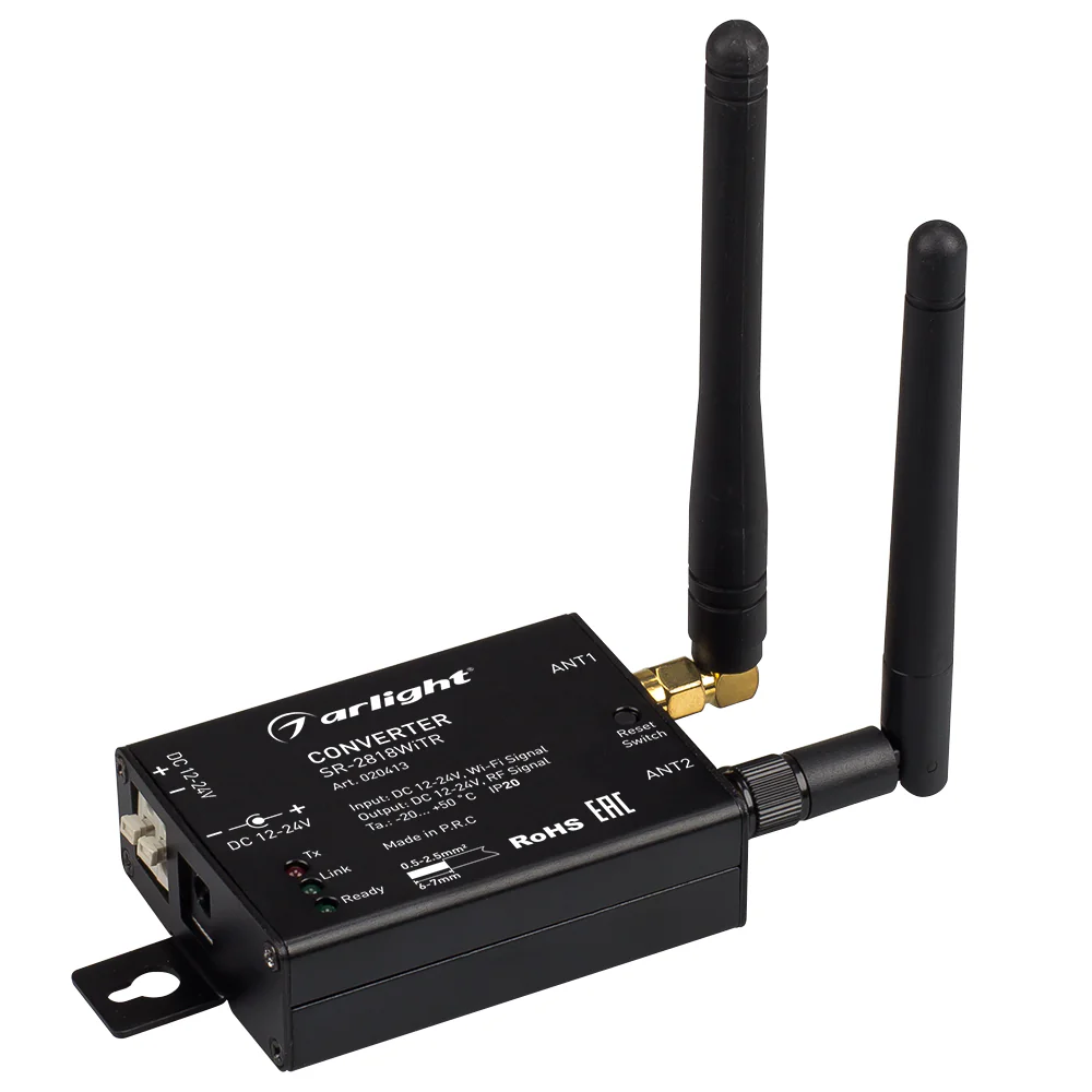 Конвертер SR-2818WiTR 020413 - Wi-Fi конвертер (из WiFi в RF) к контроллерам серии SR-1009x для управления через телефон по Wi-Fi. Софт для Apple в AppStore или для Android в GooglePlay искать EasyLighting. Питание 12-24 VDC, размер 50x99x20.