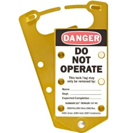 gws65964 - Множители замковые алюминиевые с этикетками «DANGER DO NOT OPERATE», «This energy source has been locked out», 191х76х4 мм, цвет – золотистый, 5шт/упак