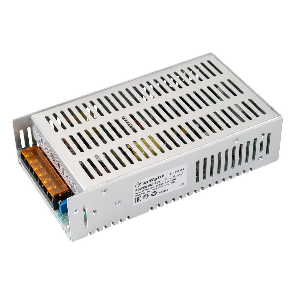 Блок питания JTS-250-24-A (0-24V, 10.4A, 250W) 025993 - Регулируемый источник напряжения с гальванической развязкой для светодиодных изделий. Входное напряжение 88-264 VAC. Выходные параметры: 0-28,5 В, 10.4 А, 250 Вт. Встроенный PFC >0.5. Негерметичный а