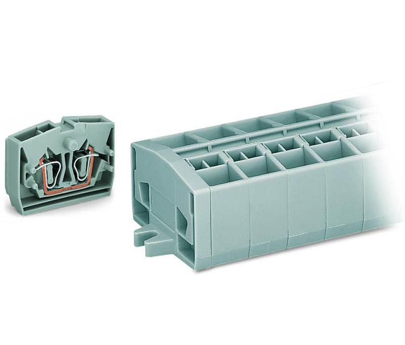 Клеммный блок 254210 - Клеммный блок, верхний подвод кабеля, 10 клемм в сборке, по 4 точки подключения в клемме, тип фиксации провода: пружинный, номинальное сечение: 2,5 мм кв., 24A, 800V, цвет: серый, тип монтажа: монтажные фланцы