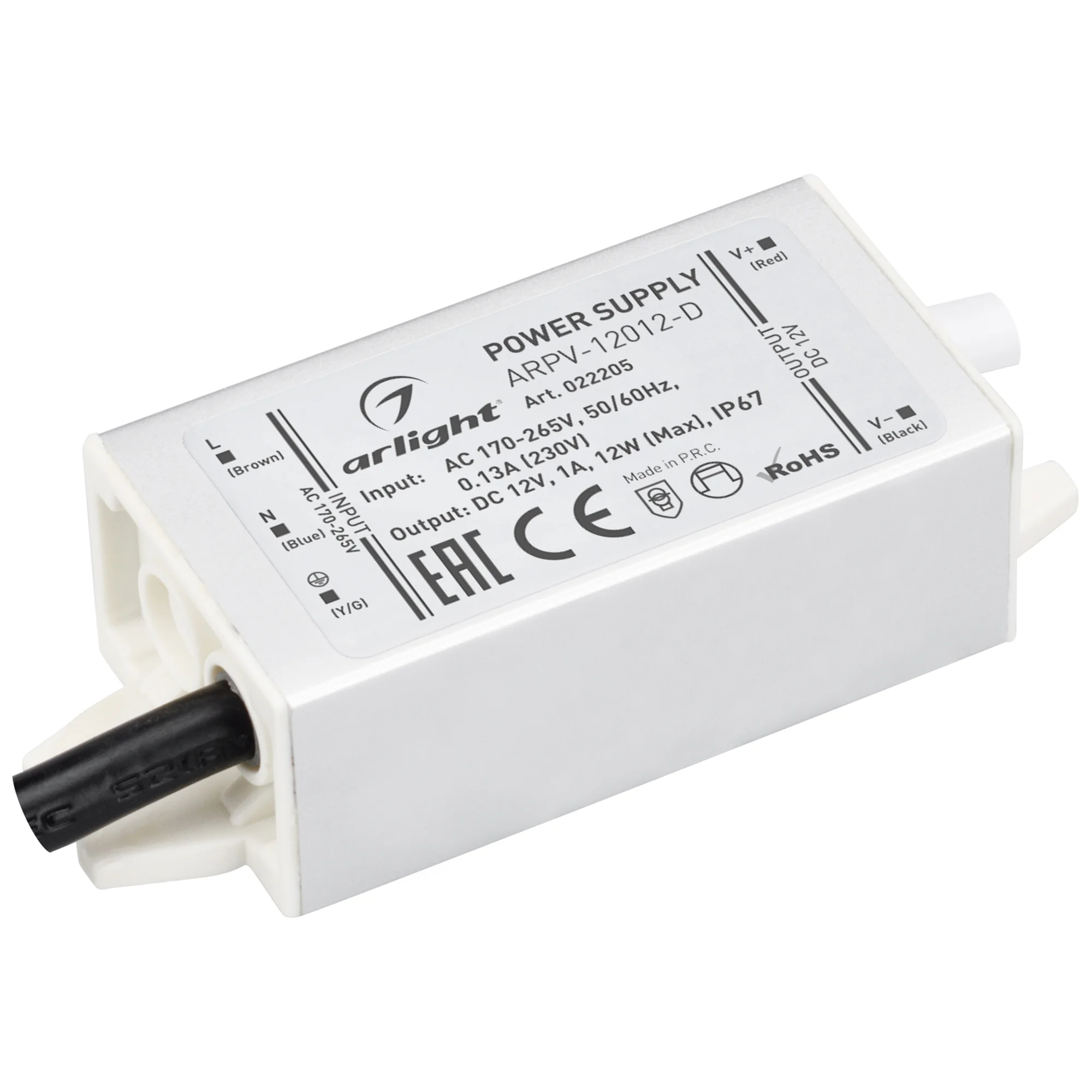 Блок питания ARPV-12012-D (12V, 1.0A, 12W) 022205 - Источник напряжения с гальванической развязкой для светодиодных изделий. Входное напряжение 170-265 VAC. Выходные параметры: 12 В, 1 А, 12 Вт. Встроенный PFC >0,5. Герметичный алюминиевый корпус IP 67. Р
