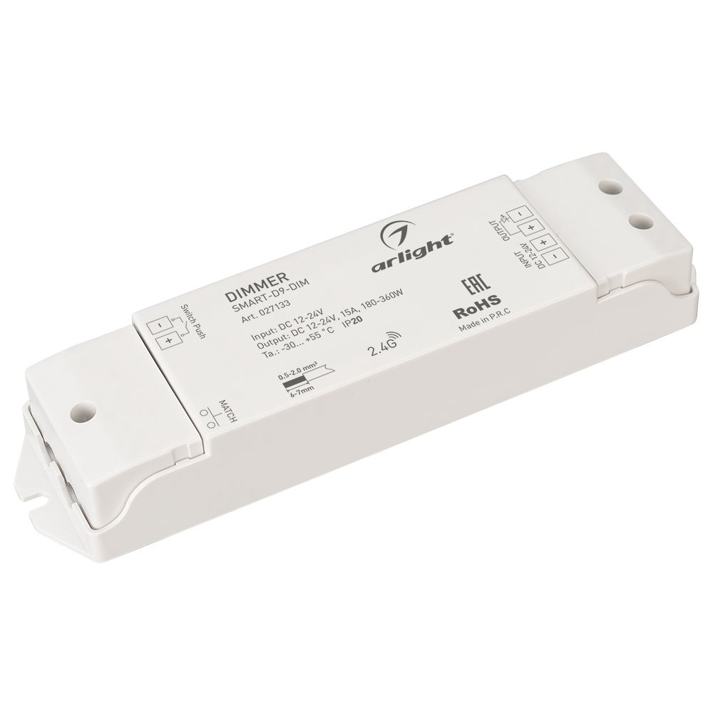Диммер SMART-D9-DIM (12-24V, 1x15A, 2.4G) 027133 - Диммер для монохромной светодиодной ленты (ШИМ). Питание/рабочее напряжение 12-24VDC, максимальный ток 15A на канал, 1 канал, максимальная мощность 180-360W. Винтовые клеммы. Корпус - PVC. Габариты 175x45