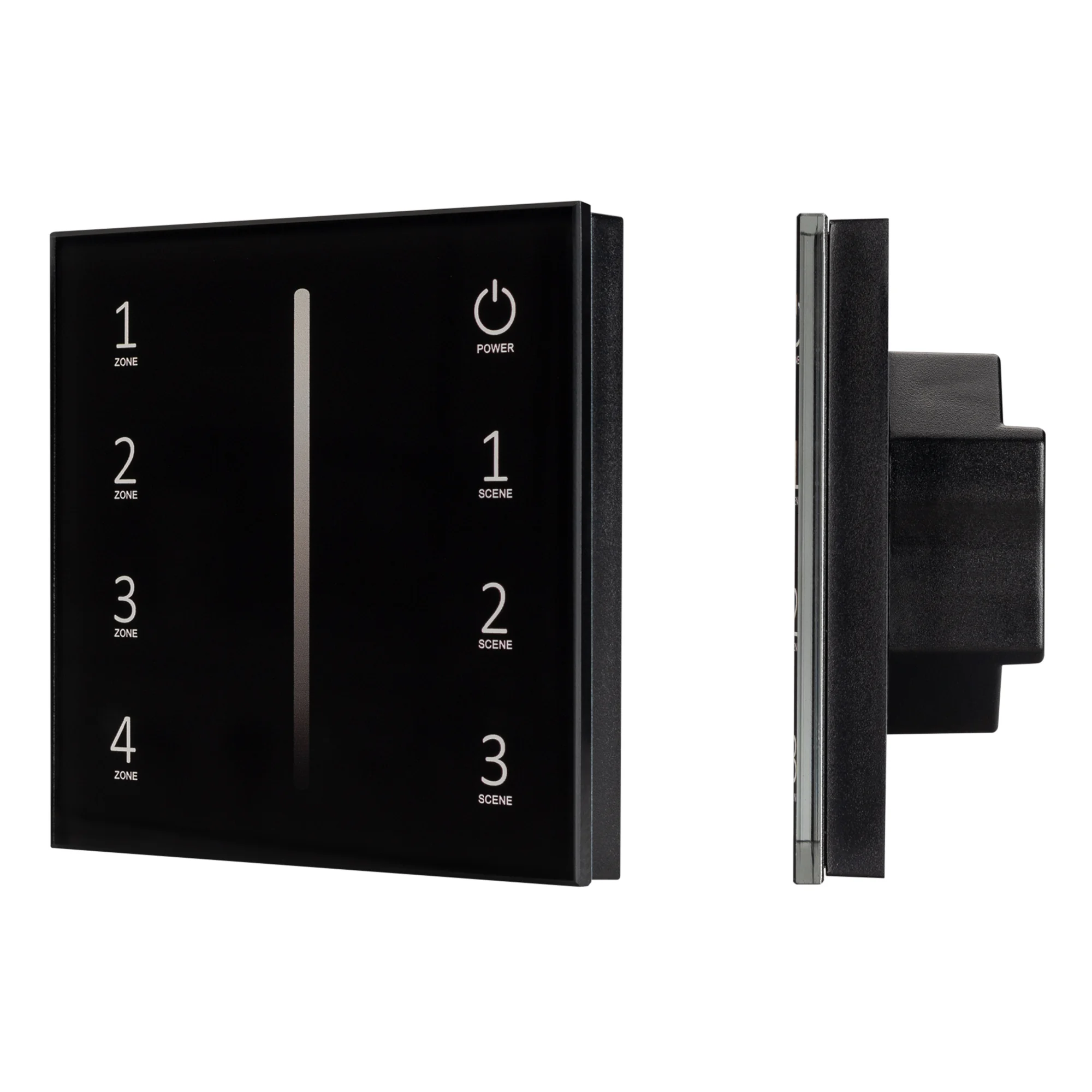 Панель SMART-P34-DIM-IN Black (230V, 0-10V, Sens, 2.4G) 028112 - Встраиваемая сенсорная панель, цвет чёрный. Материал - стекло. Выходной сигнал 0/1-10V. Управление яркостью с сенсорной полосы. 4 зоны управления. Питание 230V, входное напряжение 86-265VAC.