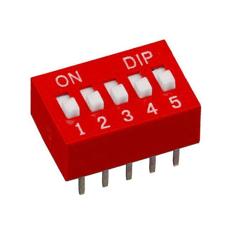 L-KLS7-DST-05-R-00 - DIP-переключатель 5 групп красный монтаж в отверстие шаг 2.54мм 0.025A 24В с выступающим движком