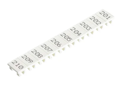 Шильдик 9705A/8/10 B 201-210 - Маркировка для клемм сечением 6 мм.кв., шириной 8 мм, 10 шильдиков, белая, нанесенные знаки: 201 – 210