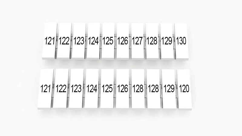 Марк.  полоска ZB3.5-10P-19-22Z(H) - Маркировочные шильдики для клемм DS…, сечением 1,5 мм кв., центральная, 10 шильдиков нанесенные символы: 121-130, с вертикальным расположением, размер шильдика: 2,95х10,7 мм, цвет белый