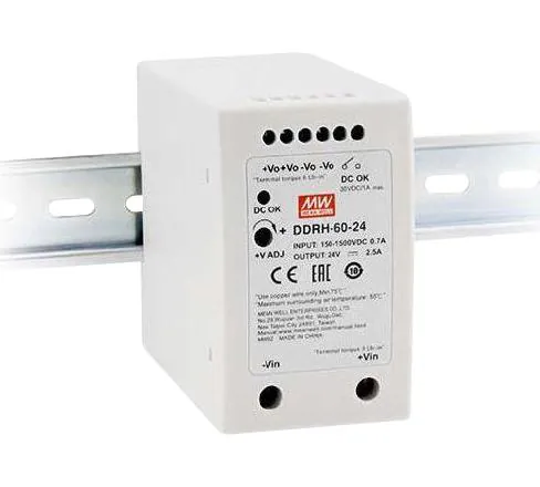 DDRH-60-24 - DC-DC, 60Вт, вход 150…1500 В DC, выход 24В/2.5А, рег.выход 24…29В, изоляция 4000В DC, в кожухе на DIN-рейку, 57х93.5х105мм, -30...+85°С