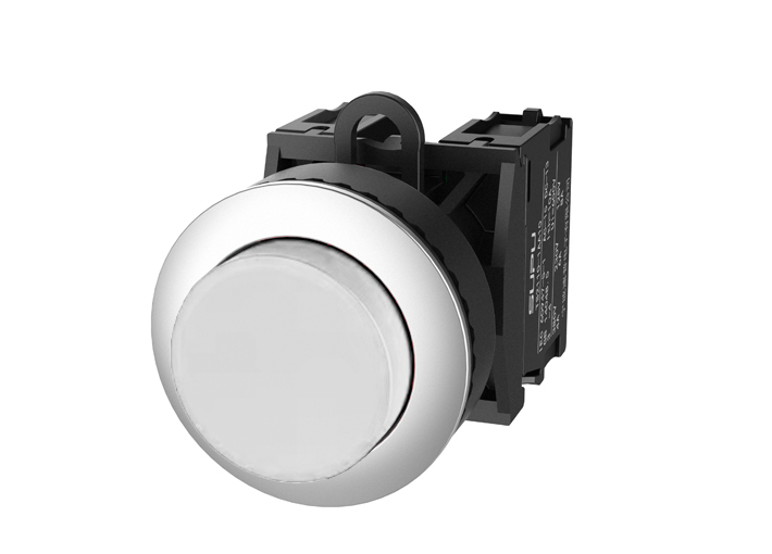 Кнопка выпуклая (белая) TS2020-0DL50 - Кнопка круглая выпуклая, с блокировкой, без подсветки, утопленное алюминиевое переднее кольцо, без контактной группы, диаметр головки кнопки 36 мм, диаметр посадочного отверстия: 22 мм, цвет: белый