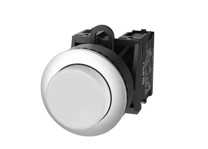 Кнопка выпуклая (белая) TS2520-0DM50-R20 - Кнопка круглая выпуклая, без блокировки, без подсветки, утопленное алюминиевое переднее кольцо, с плавным нажатием, с контактной группой 2NO, диаметр головки кнопки 36 мм, диаметр посадочного отверстия: 22 мм, цв