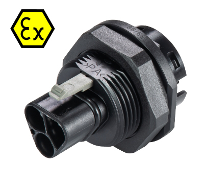 Разъем RST20I3FXS2 M01V SW - Взрывозащищенный вилочный разъем в панель, М25, IP68(69k), 3 полюса, пружинная фиксация провода, номинальные характеристики: 250/400V, 20A, цвет: черный, серия RST Ex