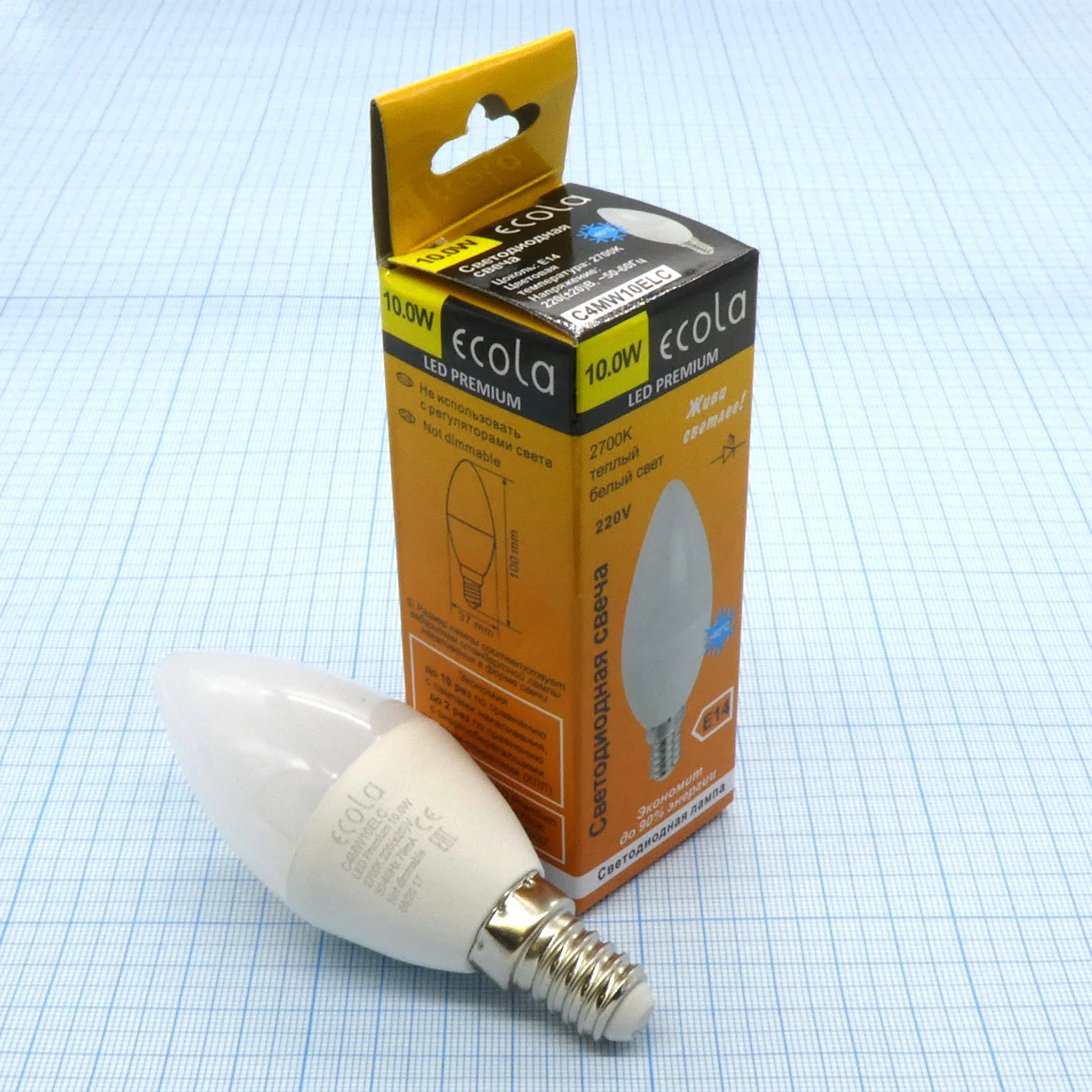 Лампа LED Ecola  10W тёпл свеча (266) - E14,2700K,100*37,композит