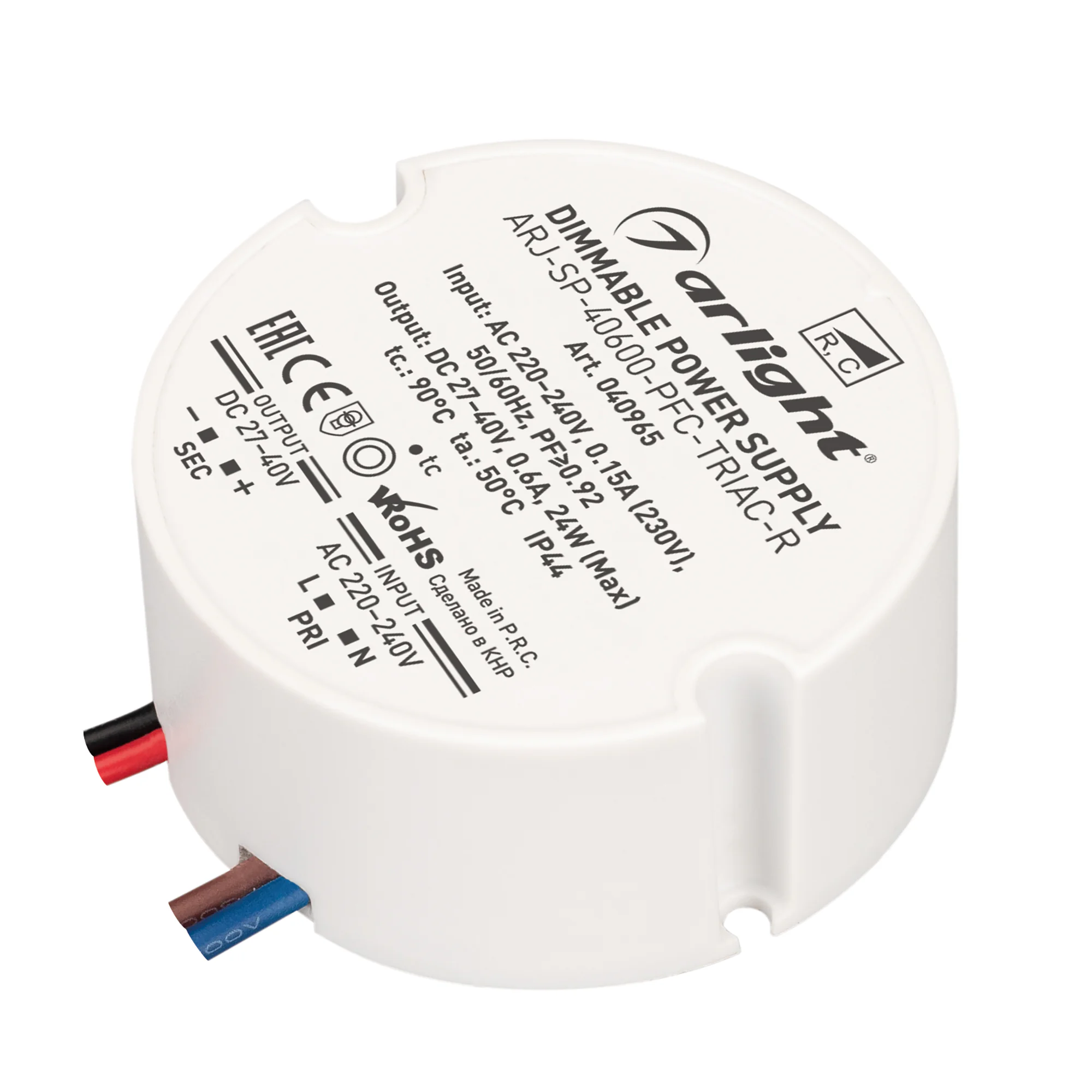 Блок питания ARJ-SP-40600-PFC-TRIAC-R (24W, 27-40V, 600mA) 040965 - Диммируемый источник тока по стандарту TRIAC с гальванической развязкой для светильников и мощных светодиодов. Входное напряжение 220-240 VAC. Выходные параметры: 27-40 В, 600 mА, 24 Вт. 