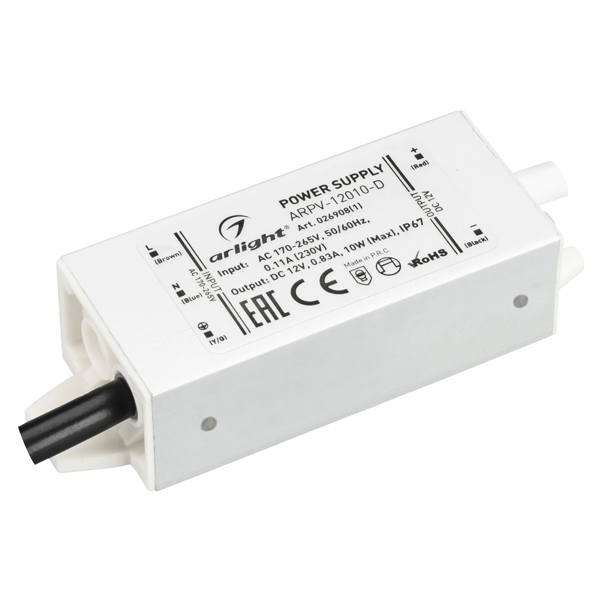 Блок питания ARPV-12010-D (12V, 0.83A, 10W) 026908(1) - Источник напряжения с гальванической развязкой для светодиодных изделий. Входное напряжение 170-265 VAC. Выходные параметры: 12 В, 0,83 А, 10 Вт. Встроенный PFC >0,5. Герметичный алюминиевый корпус I