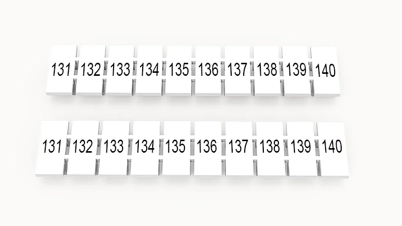 Марк.  полоска ZB5-10P-19-46Z(H) - Маркировочные шильдики для клемм WS…, DC…, PC…, сечением 2,5 мм кв., центральная, 10 шильдиков, нанесенные символы: 131-140 с вертикальным расположением, размер шильдика: 4,55х10,7 мм, цвет белый
